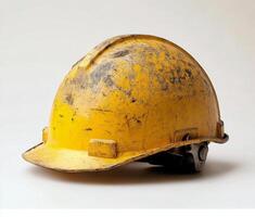 Worn yellow construction helmet placed on a clean surface highlighting its rugged features photo