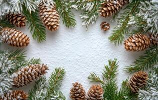 Snow dusted pinecones and evergreen branches create a winter themed border on a white background photo