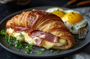 Delicious croissant sandwich with ham and cheese served alongside fried eggs photo
