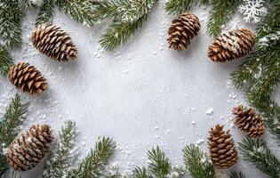 Snow dusted pinecones and evergreen branches create a winter themed border on a white background photo