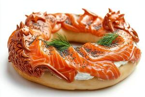 Delicious bagel with cream cheese, smoked salmon, and fresh dill arranged in a circular presentation photo