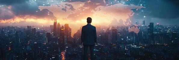 A person gazes at a glowing world map against a city skyline during twilight photo