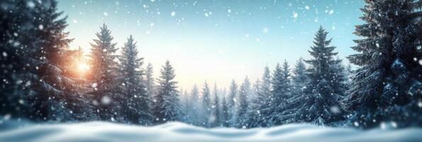 Snowflakes gently falling over a serene winter landscape during daylight in a quiet forest photo