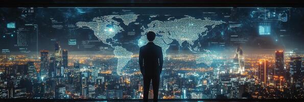 A person gazes at a glowing world map against a city skyline during twilight photo