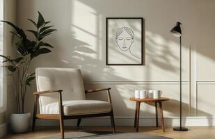 A cozy interior featuring a minimalist armchair, a stylish lamp, and a serene wall art piece photo