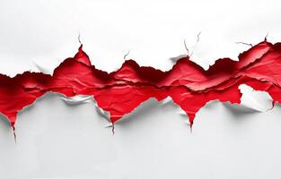 Frayed red paper tearing to reveal a white background with splattered paint effects photo