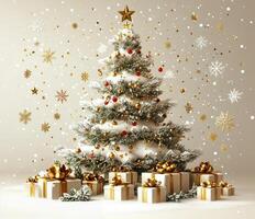 Festively decorated Christmas tree adorned with gifts and shimmering snowflakes in winter ambiance photo