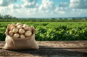 Freshly harvested potatoes in a burlap sack on a wooden table overlooking a lush green field photo