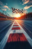 Racing flag waves over the finish line at a motorsport circuit under a bright sun photo