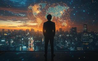A businessman gazes at a glowing global map against a vibrant city skyline at sunset photo