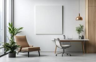 Modern office space featuring a minimalist design with a blank canvas on the wall photo