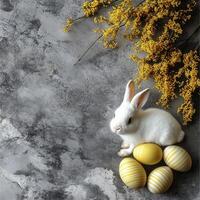 A white rabbit beside decorated eggs and spring blooms on a textured gray surface photo