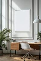 Modern workspace with a wooden desk, ergonomic chair, and natural light in a cozy office setting photo