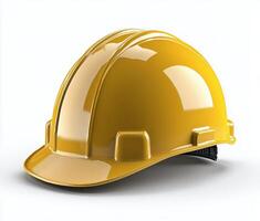 A yellow hard hat resting on a flat surface in a well lit indoor setting photo