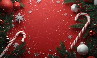 Decorative red and white ornaments and candy canes on festive red background covered in snow photo