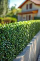Neatly trimmed hedge bordering a driveway outside a modern house on a sunny day photo