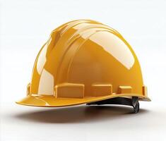 A yellow hard hat resting on a flat surface in a well lit indoor setting photo