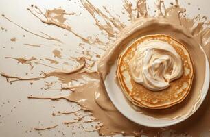 Fluffy pancakes stacked high with whipped cream and coffee on a cozy breakfast table photo