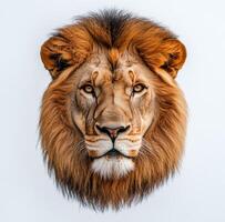 Majestic lion gazing directly at the camera against a plain background during daylight photo