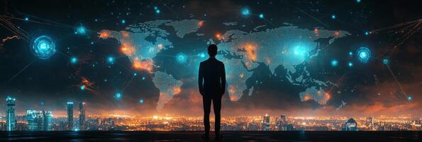 A person gazes at a glowing world map against a city skyline during twilight photo