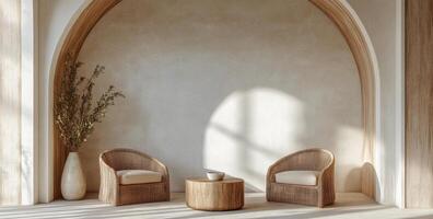 Modern minimalist living room with two woven chairs and wooden coffee table in a spacious setting photo