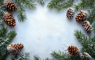 Snow dusted pinecones and evergreen branches create a winter themed border on a white background photo