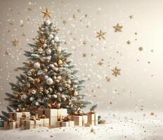 Festively decorated Christmas tree adorned with gifts and shimmering snowflakes in winter ambiance photo