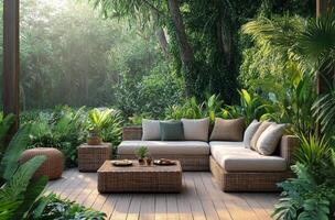 Cozy seating area in a serene garden surrounded by lush greenery and vibrant flowers photo