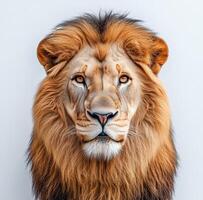 Majestic lion gazing directly at the camera against a plain background during daylight photo