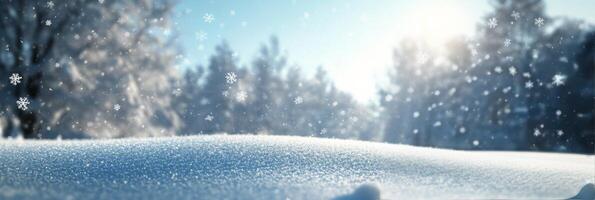 Snowflakes gently falling over a serene winter landscape during daylight in a quiet forest photo