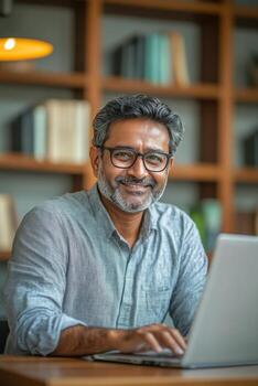 A smiling man works on his laptop in a cozy library setting during the day photo