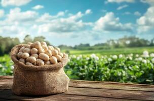 Freshly harvested potatoes in a burlap sack on a sunlit farm landscape photo