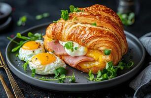 Delicious croissant sandwich with ham and cheese served alongside fried eggs photo