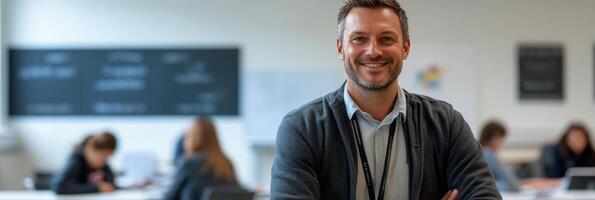 Smiling teacher in classroom engaging with students during a learning activity in the day photo