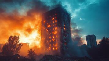 Fire engulfs high-rise building in urban area during overcast afternoon photo