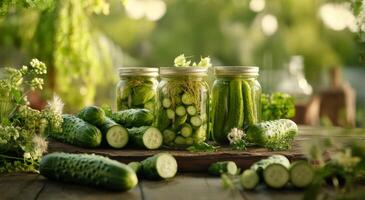 Fresh cucumbers preserved in a glass jar on a rustic wooden table surrounded by greenery photo