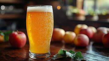 Refreshing apple cider in a glass surrounded by fresh apples on a rustic wooden table photo