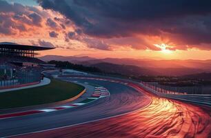 Sunset over the winding racetrack with vibrant skies at a motorsport event in autumn photo