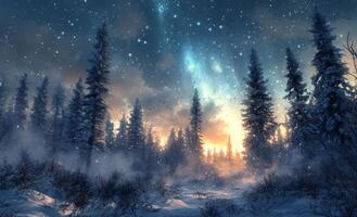 Snow covered forest under a starry sky with a glowing horizon at dawn photo