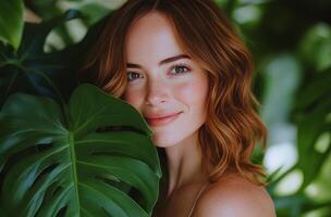 A young woman smiles while posing with lush green leaves in a tropical setting during the day photo