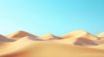 Golden sand dunes stretch under a bright blue sky in a tranquil desert landscape photo