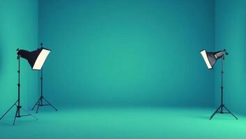 Studio setup with softboxes illuminating a blue backdrop for photography sessions photo