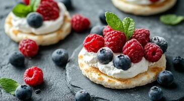 Fresh berries on a rice cake topped with cream and mint served on a gray background photo