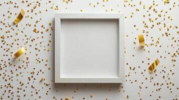 A blank white frame surrounded by gold confetti on a light background during a celebration photo