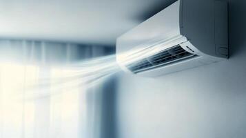 Modern air conditioning unit cooling a room with gentle airflow during a warm evening indoors photo