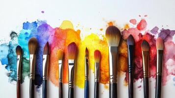 A vibrant array of paintbrushes lined up against a colorful watercolor background photo