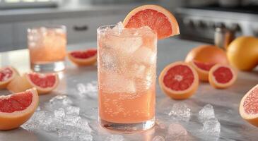 Refreshing grapefruit cocktail with ice and garnished slices on a kitchen countertop photo