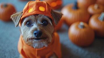 A small dog in a purple coat sits among pumpkins at a fall festival in the afternoon sunlight photo