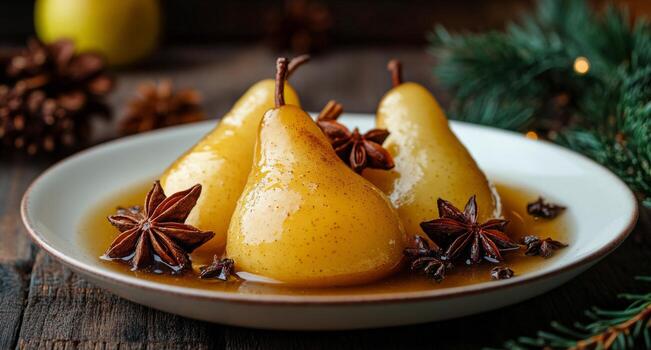 Sweet poached pears in syrup with star anise and cinnamon on a rustic wooden table photo