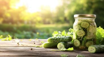 Fresh cucumbers preserved in a glass jar on a rustic wooden table surrounded by greenery photo